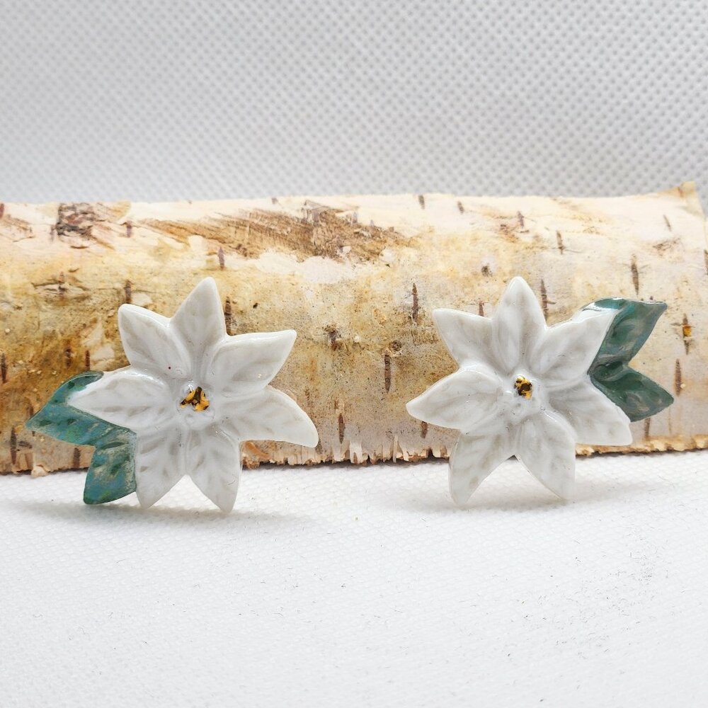 Ceramic porcelain poinsettia earrings white gold
